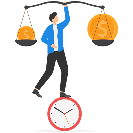 Los empresarios equilibran el dinero con monedas grandes y pequeñas en el reloj.  Ilustración