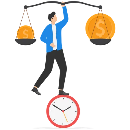 Los empresarios equilibran el dinero con monedas grandes y pequeñas en el reloj.  Ilustración
