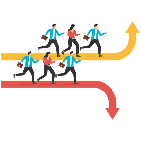 Empresários escolhem caminhos diferentes para continuar na bifurcação da estrada  Ilustração