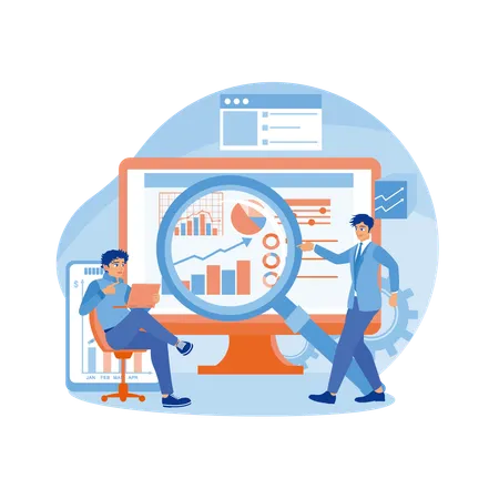 La gente de negocios estudia datos infográficos en la computadora.  Ilustración