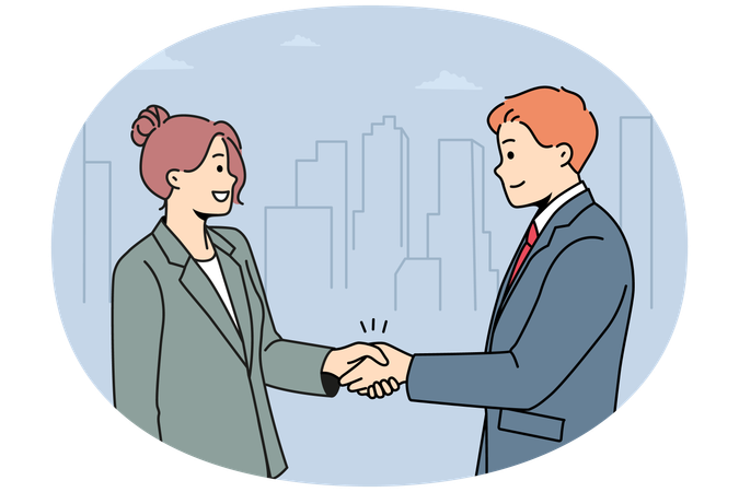 Empresários felizes apertando as mãos e se cumprimentando ao se conhecerem.  Ilustração