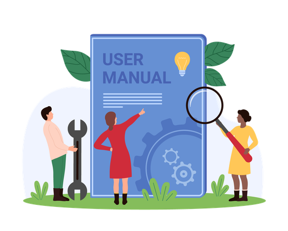 Empresários lendo o manual do usuário  Ilustração