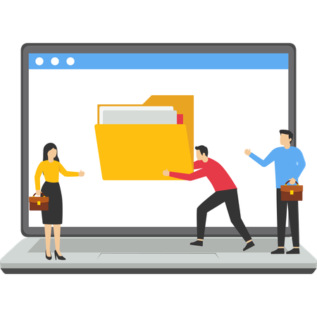Los empresarios organizan archivos de documentos en carpetas de archivo en la computadora  Ilustración