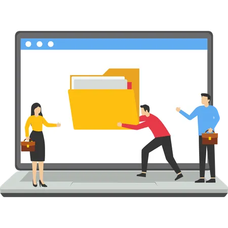 Los empresarios organizan archivos de documentos en carpetas de archivo en la computadora  Ilustración