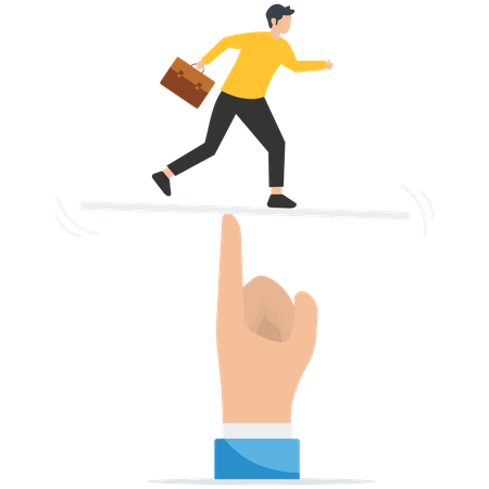 Los empresarios se paran en medio del balancín para mantener el equilibrio.  Ilustración