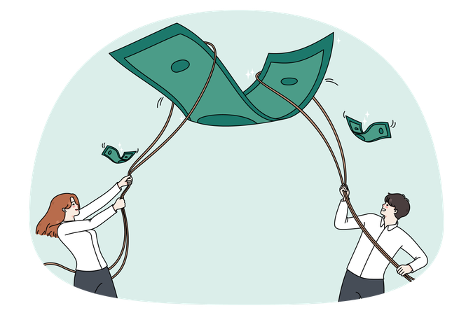 Empresários pegam nota de dólar com cordas  Ilustração
