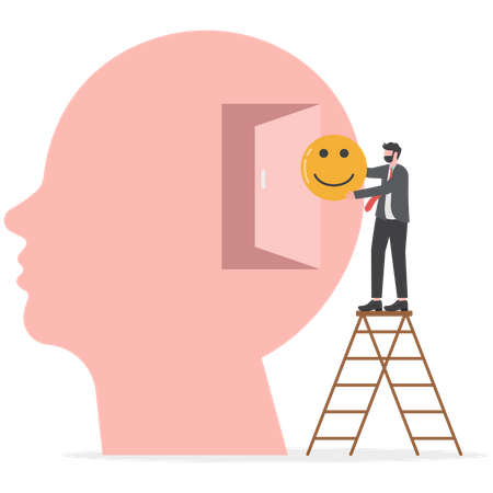 Los hombres de negocios ponen señales de pensamiento positivo en la cabeza humana  Ilustración