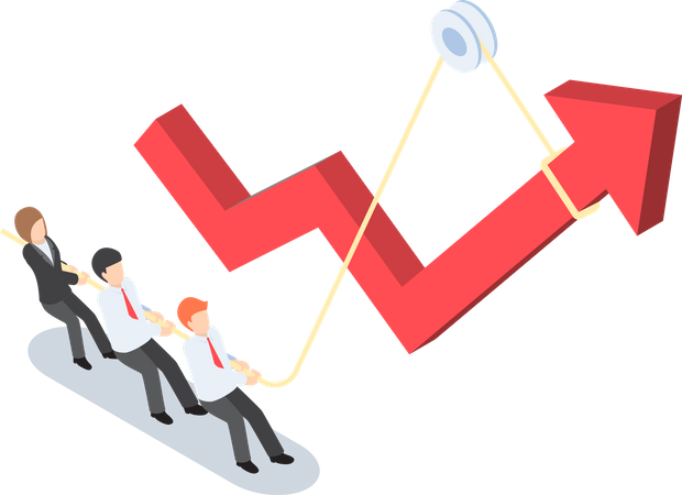 Empresários puxando o gráfico de setas usando corda  Ilustração