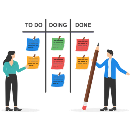 Empresários analisam o progresso do projeto no quadro Kanban  Ilustração