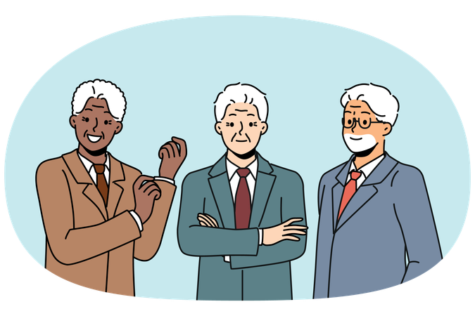 Empresarios senior multiétnicos vestidos de manera formal sonriendo y mirando con confianza la pantalla  Ilustración