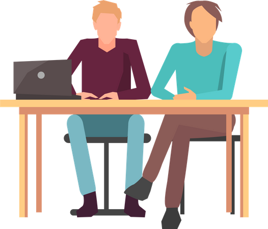 Hombres de negocios sentados en el lugar de trabajo y trabajando con computadora  Ilustración