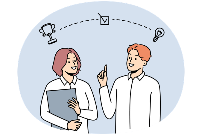 Empresarios sonrientes intercambian ideas para alcanzar el éxito compartido  Ilustración