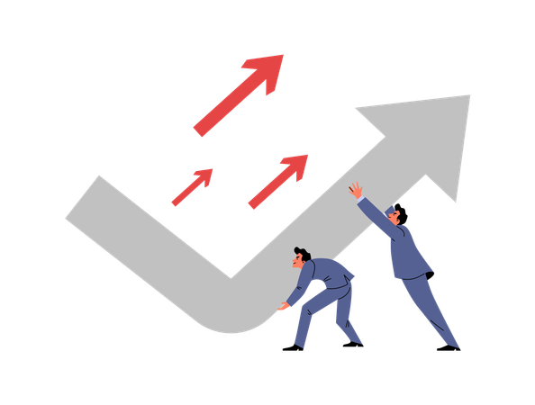Empresarios sonrientes sosteniendo una flecha curva Ilustración