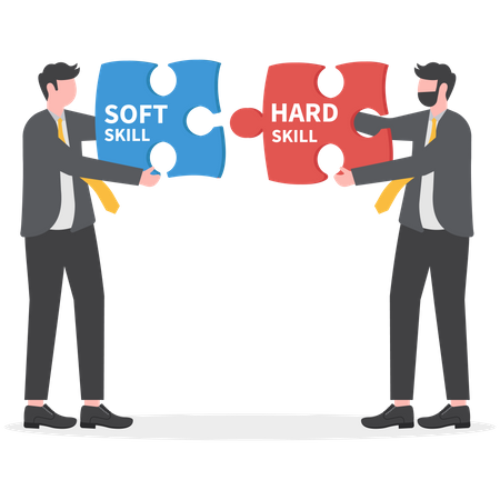 Empresarios sosteniendo dos piezas entre Hard VS Soft Skills  Ilustración