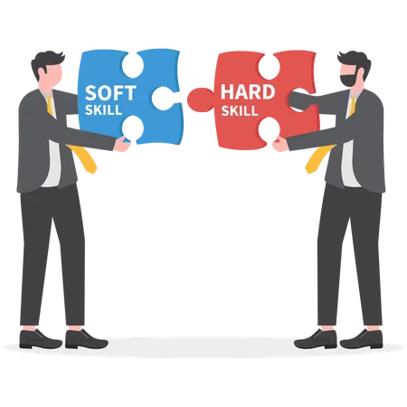 Empresarios sosteniendo dos piezas entre Hard VS Soft Skills  Ilustración