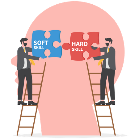 Empresarios sosteniendo dos piezas entre Hard VS Soft Skills  Ilustración