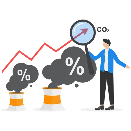 Los empresarios sostienen una lupa para cambiar el nivel de carbono CO2  Ilustración