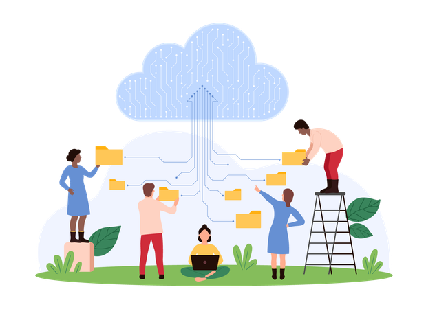 Personas de negocios trabajando en el almacenamiento seguro de datos en la nube  Ilustración