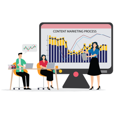 Personas de negocios trabajando en el proceso de marketing de contenidos  Ilustración