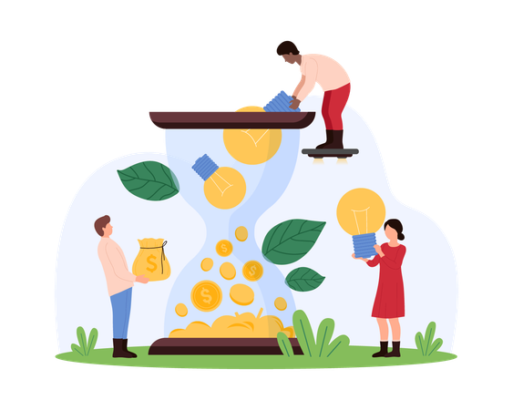 Gente de negocios trabajando en ideas creativas para ganar dinero.  Ilustración