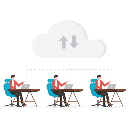 Empresarios trabajando con datos en la nube en una computadora portátil  Ilustración