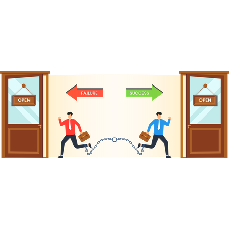 Gente de negocios trabajando en puertas de negocios.  Ilustración
