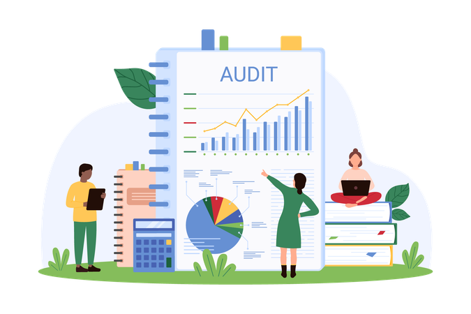 Personas de negocios trabajando en el informe de contabilidad empresarial.  Ilustración