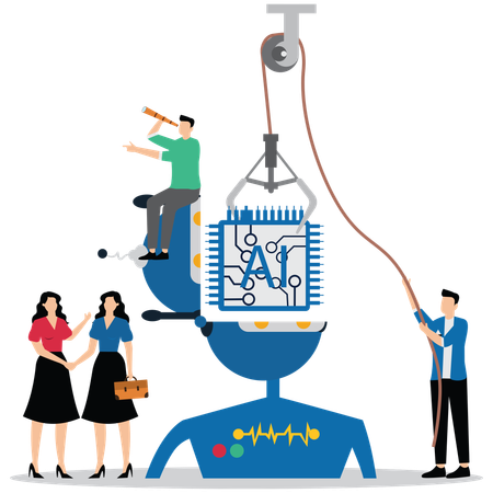 Los empresarios trabajan en una fábrica de robots de la industria empresarial.  Illustration