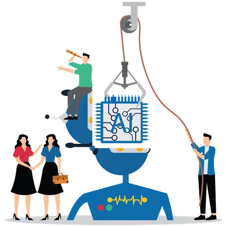 Los empresarios trabajan en una fábrica de robots de la industria empresarial.  Illustration