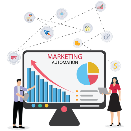 Pessoas de negócios trabalhando no fluxo de trabalho de automação de marketing  Ilustração