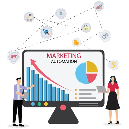 Pessoas de negócios trabalhando no fluxo de trabalho de automação de marketing  Ilustração