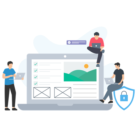 Empresários trabalhando na segurança de páginas da web  Ilustração