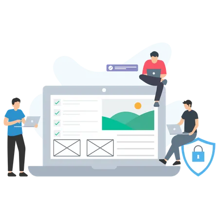 Empresários trabalhando na segurança de páginas da web  Ilustração