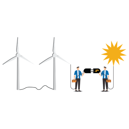 Empresarios utilizan energía de molinos de viento para operar negocios respetuosos con el medio ambiente  Ilustración