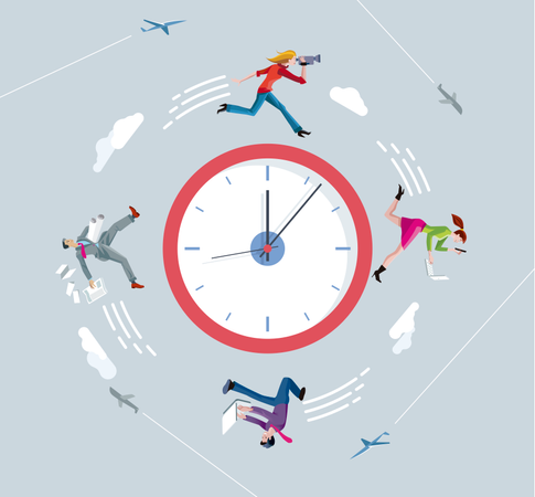 Empresarios y empresarias corriendo en reloj circular  Ilustración