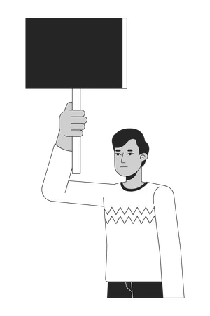 Empty Banner In Indian Man Hand Flat Line Black White Vector Character Protesting Editable Outline Half Body Person Simple Cartoon Isolated Spot Illustration For Web Graphic Design Illustration