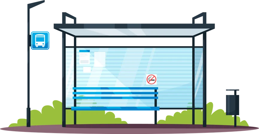 Empty Bus Stop Semi Flat RGB Color Vector Illustration Bus Station Shelter And Sign Urban Public Transport Platform No Smoking Area Isolated Cartoon Object On White Background Illustration