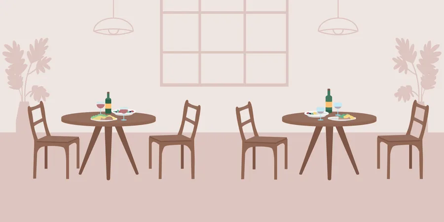 Empty Cafe Flat Color Vector Illustration Two Tables With Dinner For Couples Lunch For Friends Public Space For Pastime Restaurant 2 D Cartoon Interior With Cafeteria Decor On Background Illustration