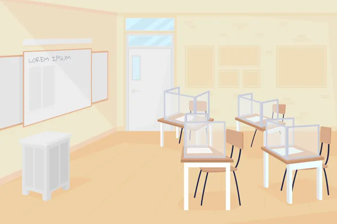 Empty Class At School Flat Color Vector Illustration Coronavirus Precaution Measure School Quarantine Seats And Desks With Shield 2 D Cartoon Interior With Classroom On Background Illustration