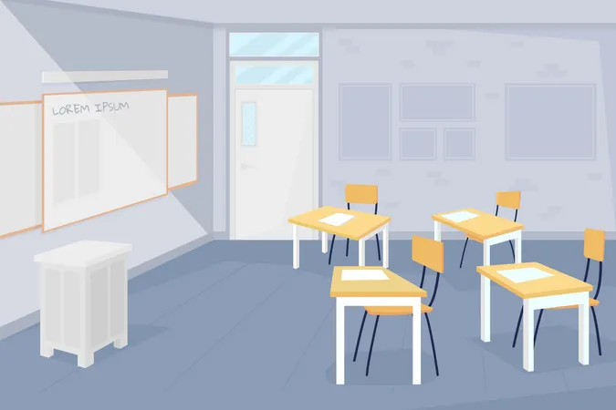 Empty Classroom Flat Color Vector Illustration Coronavirus Lockdown And Quarantine Distant Learning During Covid Nobody At School 2 D Cartoon With Classroom Interior On Background Illustration