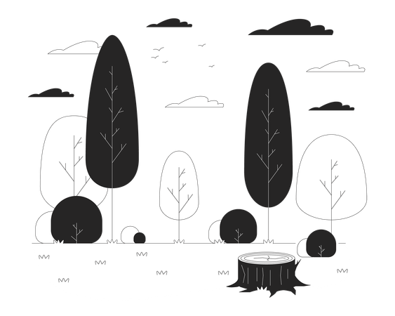 Empty glade with tree stump in wood black and white line illustration  Illustration