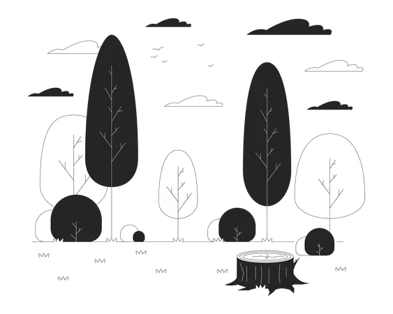 Empty glade with tree stump in wood black and white line illustration  Illustration