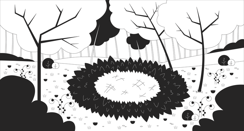 Empty grass nest in blooming forest clearing  Illustration
