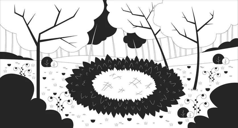 Empty grass nest in blooming forest clearing  Illustration