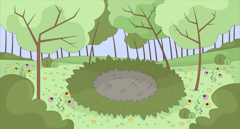 Empty grass nest in blooming forest clearing  Illustration