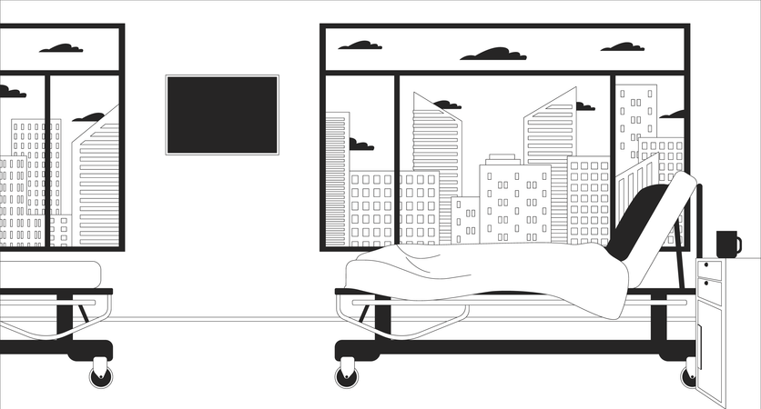 車輪付きの調節可能なベッドを備えた空の病棟  イラスト