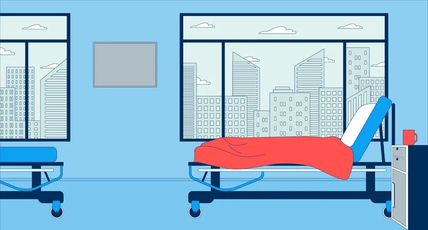 Empty hospital ward with adjustable bed on rolling wheels  Illustration