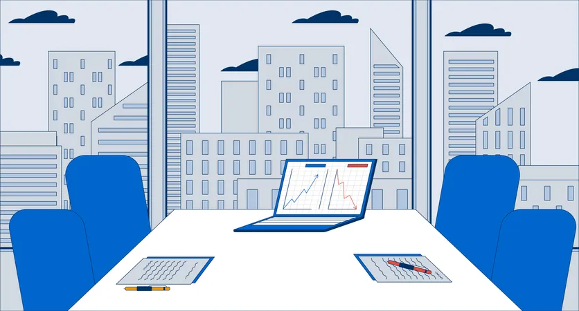 Empty meeting room table charts laptop  Illustration