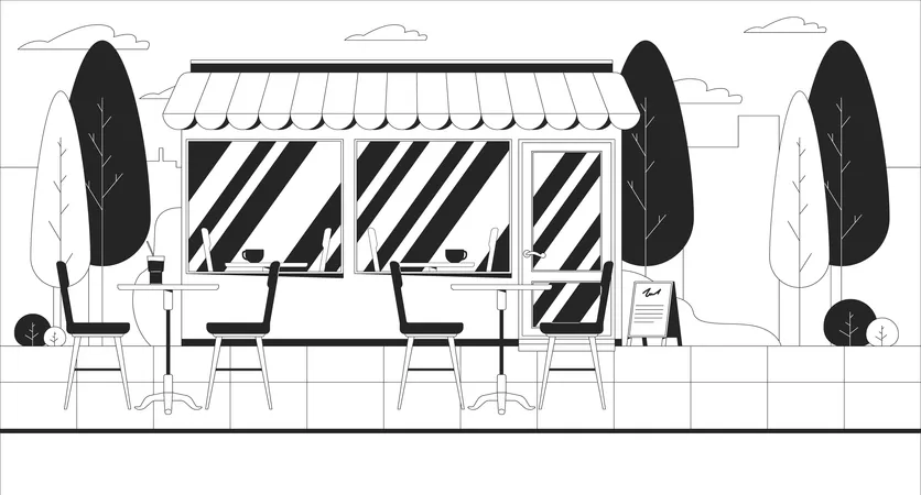 Empty outdoor cafe with storefront, awning and tables chairs  Illustration