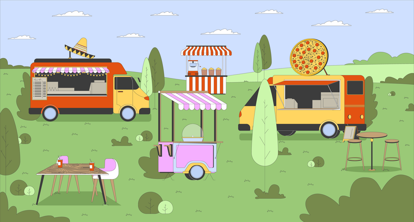 Empty outdoor food truck festival with colorful stalls  Illustration